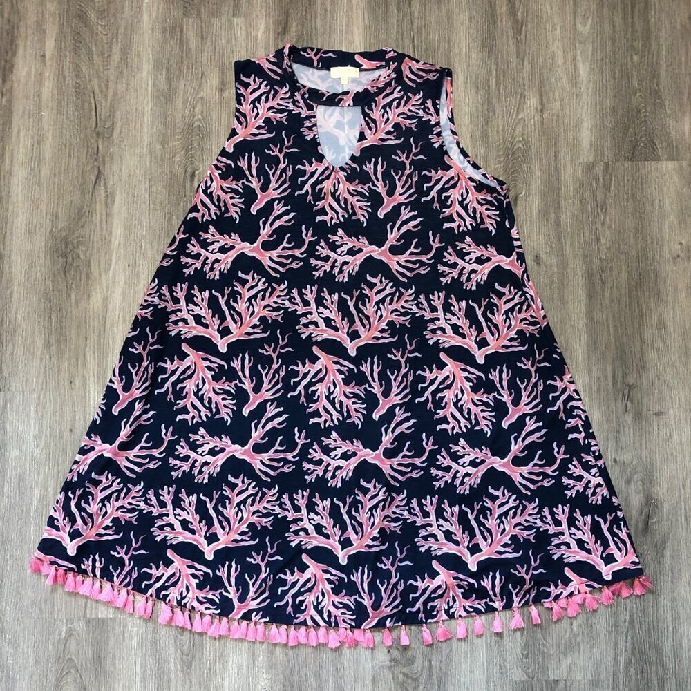 Simply Southern Women's Size XL Shift Dress Navy Blue Pink Coral Floral Fringe